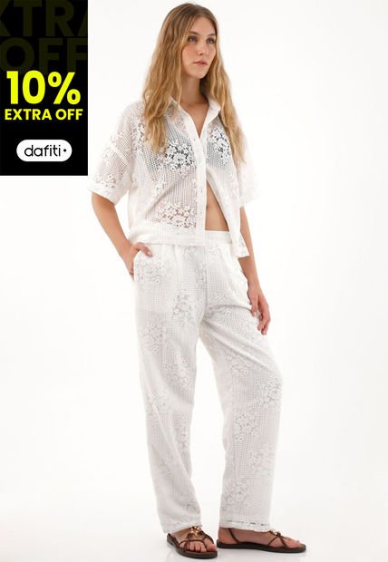 Pantalón Recto En Tela Bordada Crudo Para Mujer