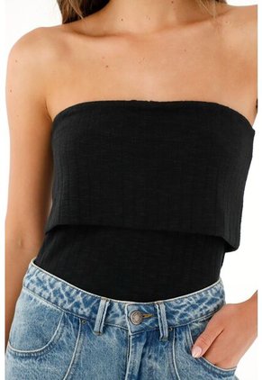 Tennis Camiseta Strapless Negra Con Escote Elástico Para Mujer