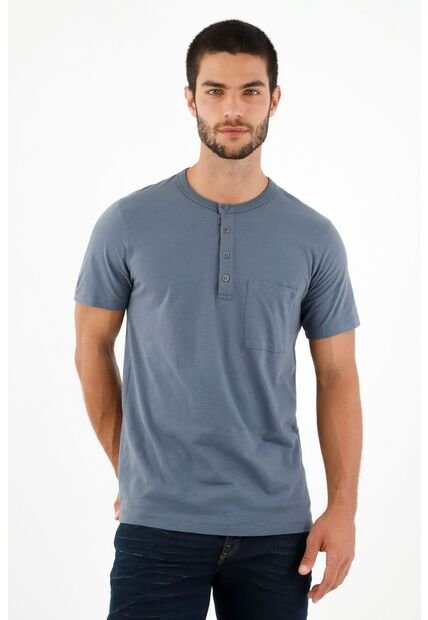 Camiseta Tipo Henley Azul Para Hombre