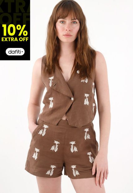 Short En 100% Lino Con Bordados Café Para Mujer