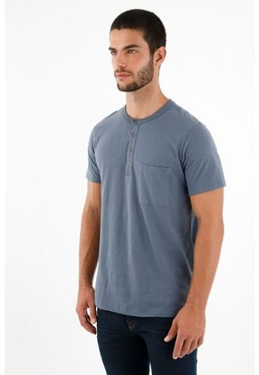 Camiseta Tipo Henley Azul Para Hombre