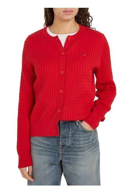 Cárdigan Rojo De Punto Trenzado Con Cuello Redondo Tommy Hilfiger