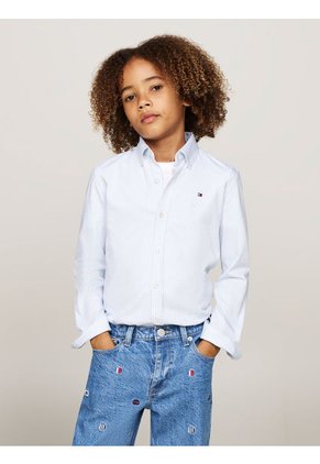 Camisa De Rayas Azul Para Niño Con Logo Tommy Hilfiger