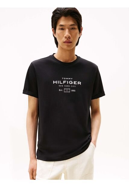 Camiseta Negra De Cuello Redondo Con Logo Tommy Hilfiger