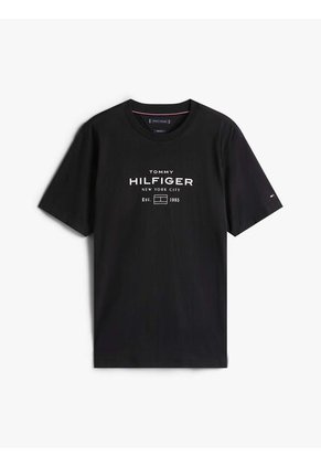 Camiseta Negra De Cuello Redondo Con Logo Tommy Hilfiger
