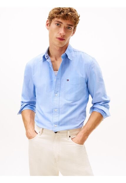 Camisa Azul Oxford Regular De Raya Diplomática Tommy Hilfiger