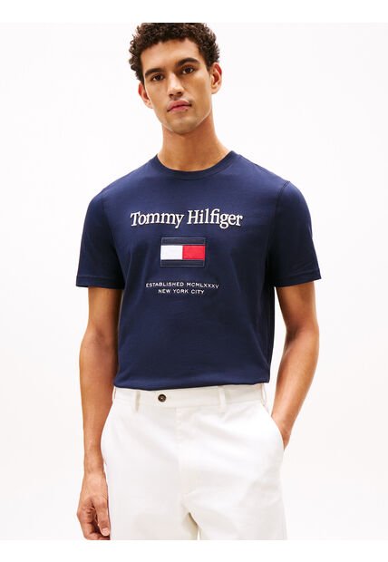 Camiseta Azul Marino De Cuello Redondo Con Logo Bordado Tommy Hilfiger