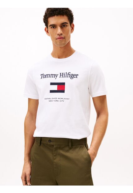 Camiseta Blanca De Cuello Redondo Con Logo Bordado Tommy Hilfiger