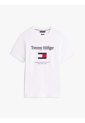 Camiseta Blanca De Cuello Redondo Con Logo Bordado Tommy Hilfiger