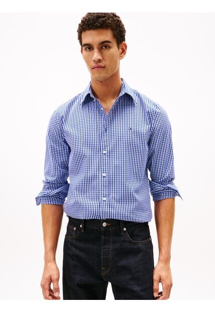 Camisa Azul Manga Larga Regular De Popelín Flex Con Cuadros Gingham Tommy Hilfiger