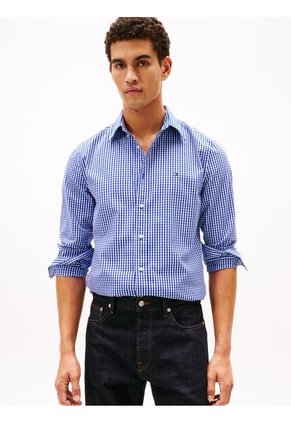 Camisa Azul Manga Larga Regular De Popelín Flex Con Cuadros Gingham Tommy Hilfiger
