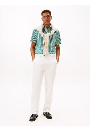 Camisa Beige Flex Poplin De Rayas Manga Corta Con Logo Tommy Hilfiger
