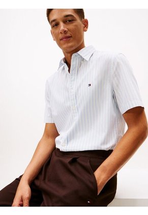 Camisa Celeste Flex Poplin De Rayas Manga Corta Con Logo Tommy Hilfiger