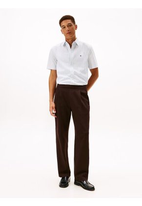 Camisa Celeste Flex Poplin De Rayas Manga Corta Con Logo Tommy Hilfiger