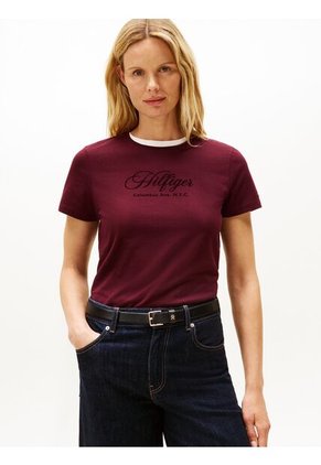 Camiseta Roja De Cuello Redondo Con Logo Bordado Tommy Hilfiger