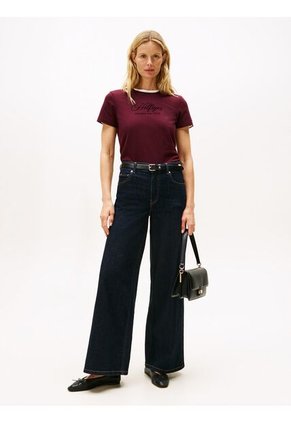 Camiseta Roja De Cuello Redondo Con Logo Bordado Tommy Hilfiger