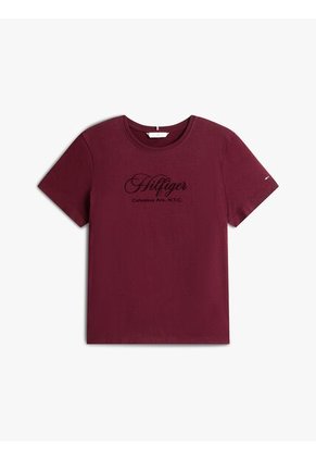 Camiseta Roja De Cuello Redondo Con Logo Bordado Tommy Hilfiger