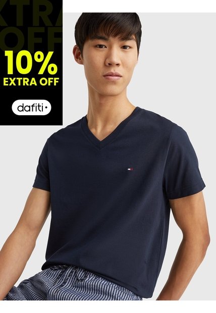 Camiseta Slim Fit Azul Cuello En V Esencial Algodón Para Hombre Tommy Hilfiger