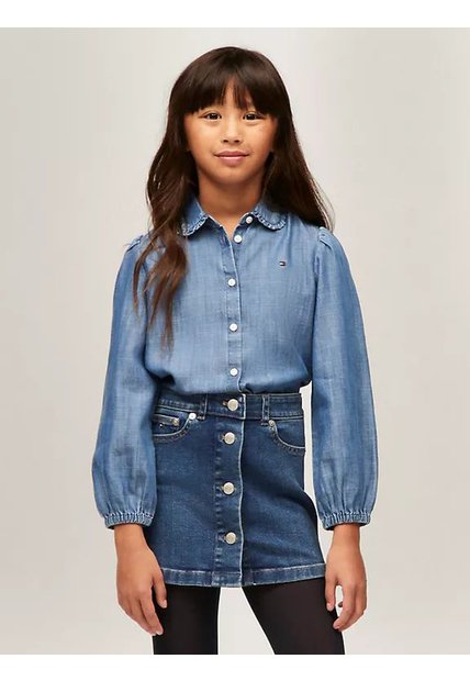 Camisa Azul Tencel Ruffle Con Logo Tommy Hilfiger