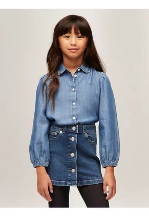 Camisa Azul Tencel Ruffle Con Logo Tommy Hilfiger