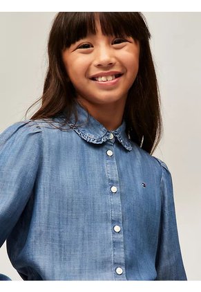 Camisa Azul Tencel Ruffle Con Logo Tommy Hilfiger