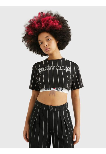 Camiseta Con Raya Diplomática Y Corte Cropped Mujer Negro Tommy Jeans