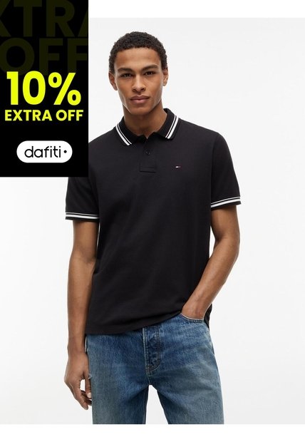 Polo Negro De Corte Regular Ribeteado Con Logo Tommy Jeans