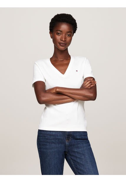 Camiseta Blanca De Rayas Con Cuello En V Tommy Hilfiger