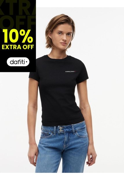 Camiseta Negra Slim De Punto Con Logo Tommy Jeans