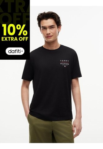Camiseta Negra De Cuello Redondo Con Logo Estampado Gráfico Tommy Hilfiger Tommy Hilfiger