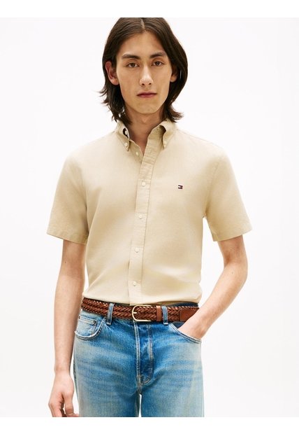 Camisa Beige Lino Solida De Corte Regular Tommy Hilfiger