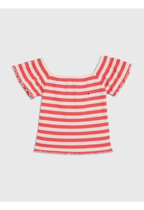 Camiseta Rosada A Rayas Con Escote Hombros Descubiertos Tommy Hilfiger