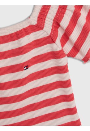 Camiseta Rosada A Rayas Con Escote Hombros Descubiertos Tommy Hilfiger