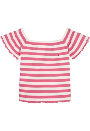 Camiseta Rosada A Rayas Con Escote Hombros Descubiertos Tommy Hilfiger