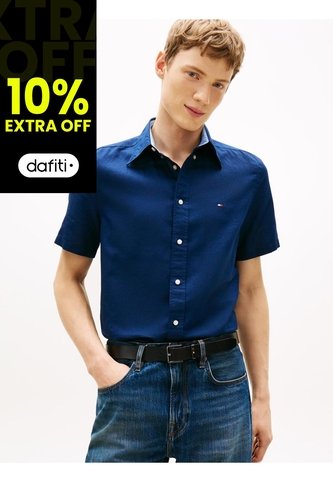 Camisa Azul Lino Solida De Corte Regular Tommy Hilfiger Tommy Hilfiger