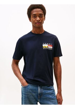 Camiseta Azul De Cuello Redondo Con Logo Tommy Hilfiger