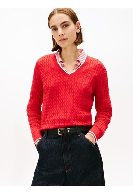 Saco Rojo De Punto Trenzado Con Cuello En V Tommy Hilfiger