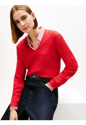 Saco Rojo De Punto Trenzado Con Cuello En V Tommy Hilfiger
