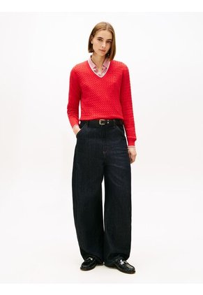 Saco Rojo De Punto Trenzado Con Cuello En V Tommy Hilfiger