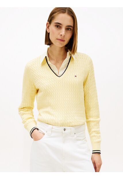 Saco Amarillo De Punto Trenzado Con Cuello En V Tommy Hilfiger