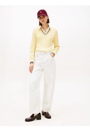 Saco Amarillo De Punto Trenzado Con Cuello En V Tommy Hilfiger