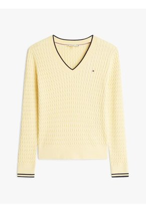 Saco Amarillo De Punto Trenzado Con Cuello En V Tommy Hilfiger