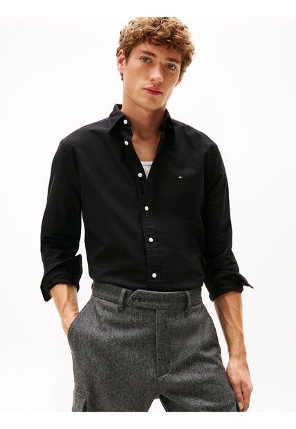 Camisa Negra De Corte Regular Con Logo Bordado Tommy Hilfiger