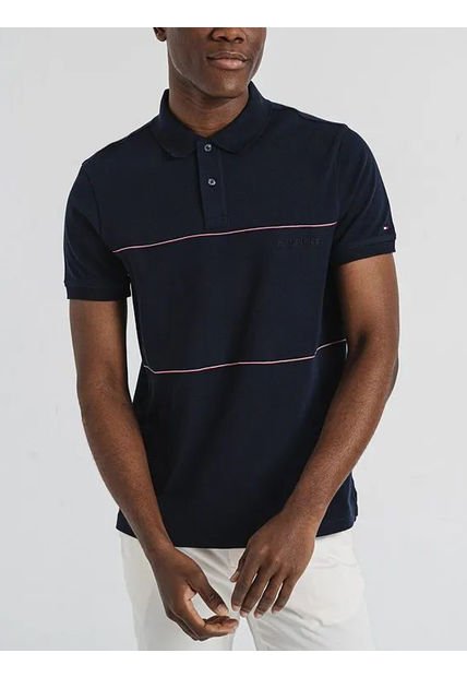 Polo Azul Con Diseño Global Stripe De Corte Regular Tommy Hilfiger