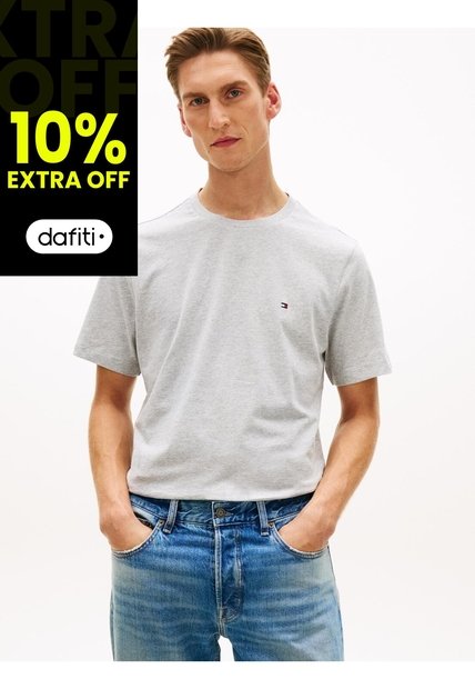 Camiseta Gris De Cuello Redondo Con Logo Bordado Tommy Hilfiger