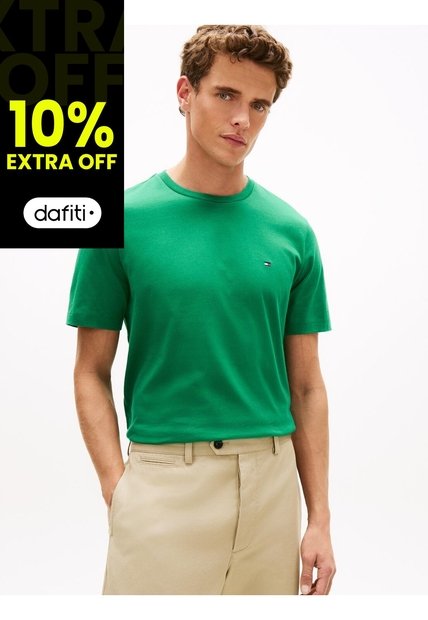 Camiseta Verde De Cuello Redondo Con Logo Bordado Tommy Hilfiger