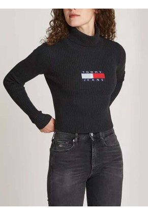 Saco Negro Slim De Cuello Alto Y Mezcla De Lana Tommy Jeans