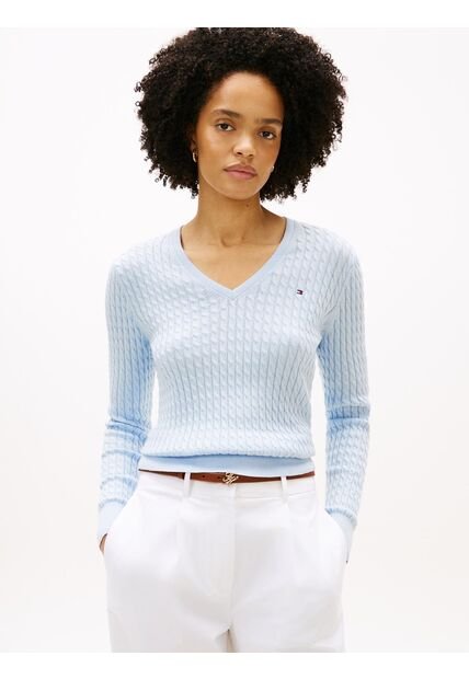 Saco Celeste De Punto Trenzado Con Cuello En V Tommy Hilfiger