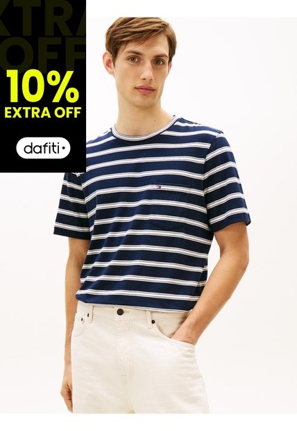 Camiseta Azul De Rayas Con Cuello Redondo Tommy Hilfiger