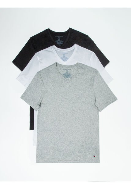 Pack 3 Camisetas Negra Cuello En V Con Logo Tommy Hilfiger